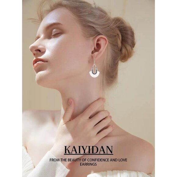 Silver Fan Dangle Boho Dangle Statement Vintage Dainty Earring for Women - Picture 8 of 9